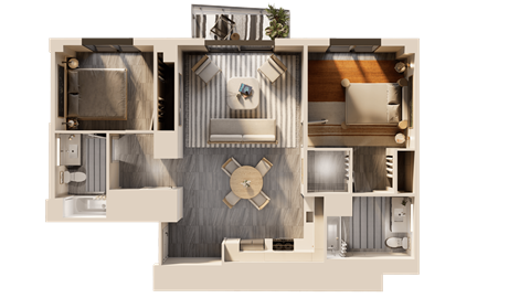 Floor plan for 2 beds, 2 baths, 1040 sqft